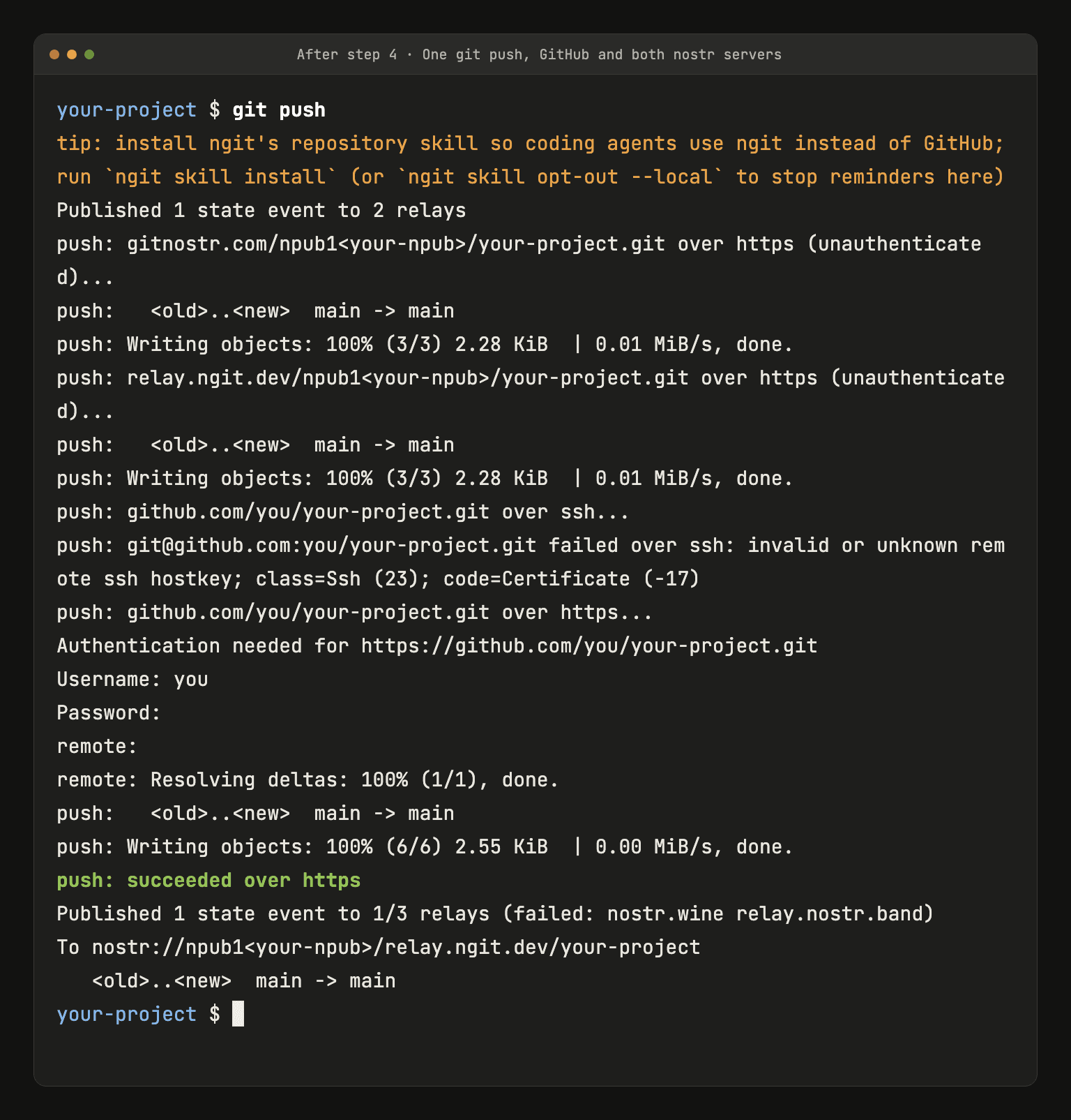 One git push updating GitHub and both nostr servers